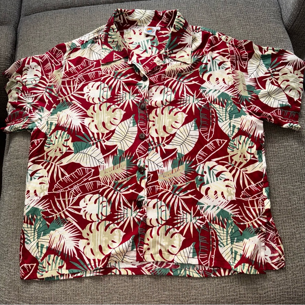 Hawaiian Shirt Women's Large Button Down Aloha Shirt Red Tropical Leaves Luau